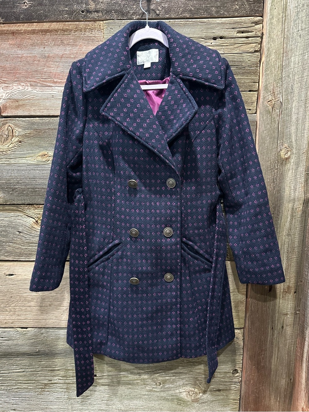 Xhilaration Navy Blue/Magenta Pink Patterned Double Breasted Pea Coat Small EUC